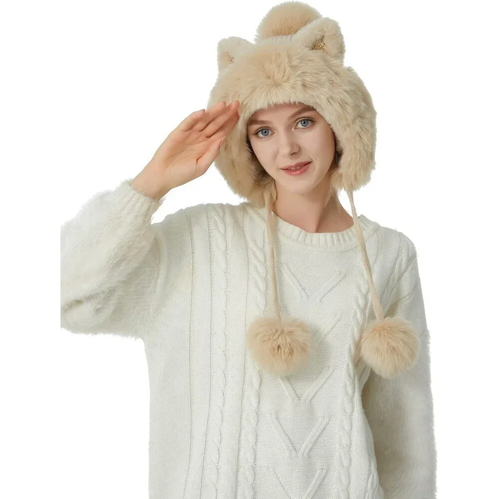 Women Beige Solid Winter Peruvian Cover Ears Beanie Hat Ear Flaps Sherp Ski Snow - Picture 5 of 7